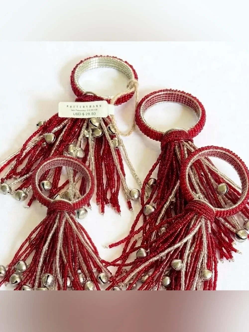 NWT Pottery Barn Red & Silver Beaded Jingle Bell Tassel Napkin Rings Set of 4